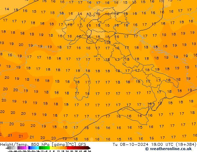 Géop./Temp. 850 hPa GFS mar 08.10.2024 18 UTC