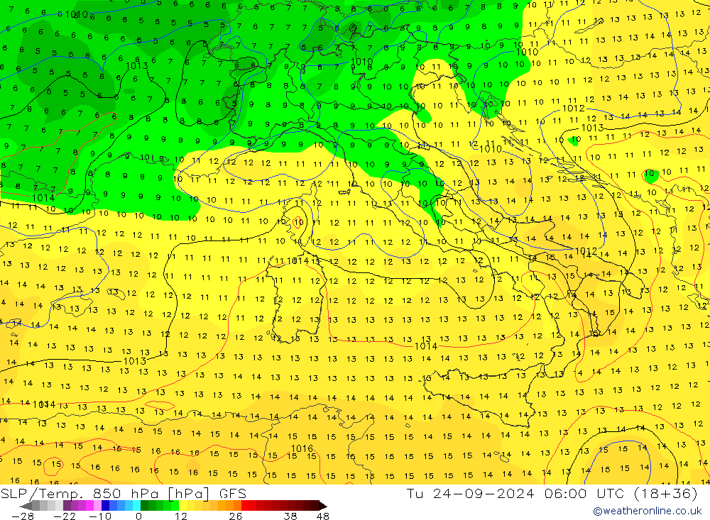 SLP/Temp. 850 гПа GFS вт 24.09.2024 06 UTC