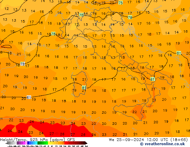 Yükseklik/Sıc. 925 hPa GFS Çar 25.09.2024 12 UTC