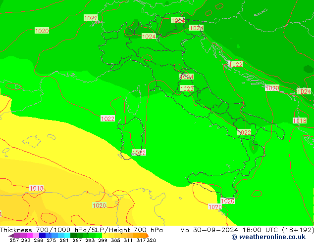 Espesor 700-1000 hPa GFS lun 30.09.2024 18 UTC