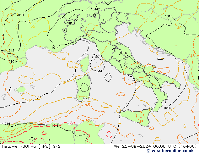 Theta-e 700hPa GFS We 25.09.2024 06 UTC