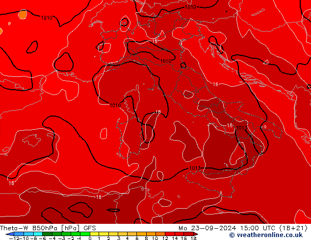 Theta-W 850hPa GFS pon. 23.09.2024 15 UTC