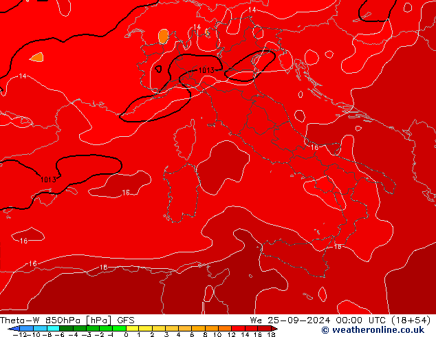 Theta-W 850hPa GFS śro. 25.09.2024 00 UTC