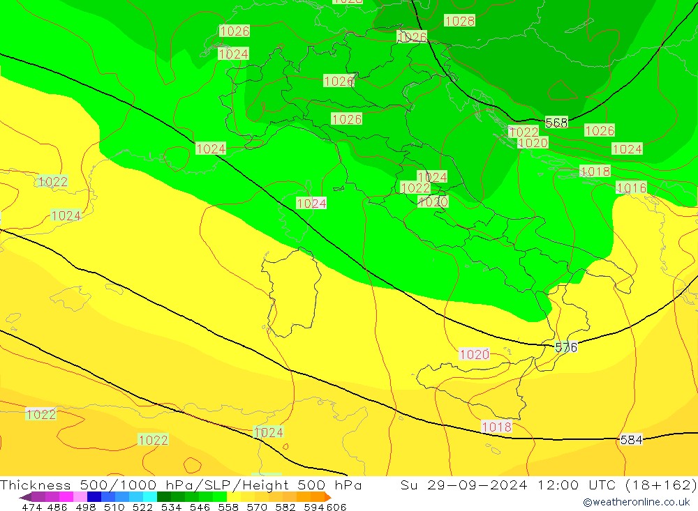 Dikte 500-1000hPa GFS zo 29.09.2024 12 UTC