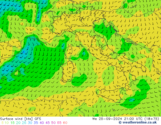 Surface wind GFS We 25.09.2024 21 UTC