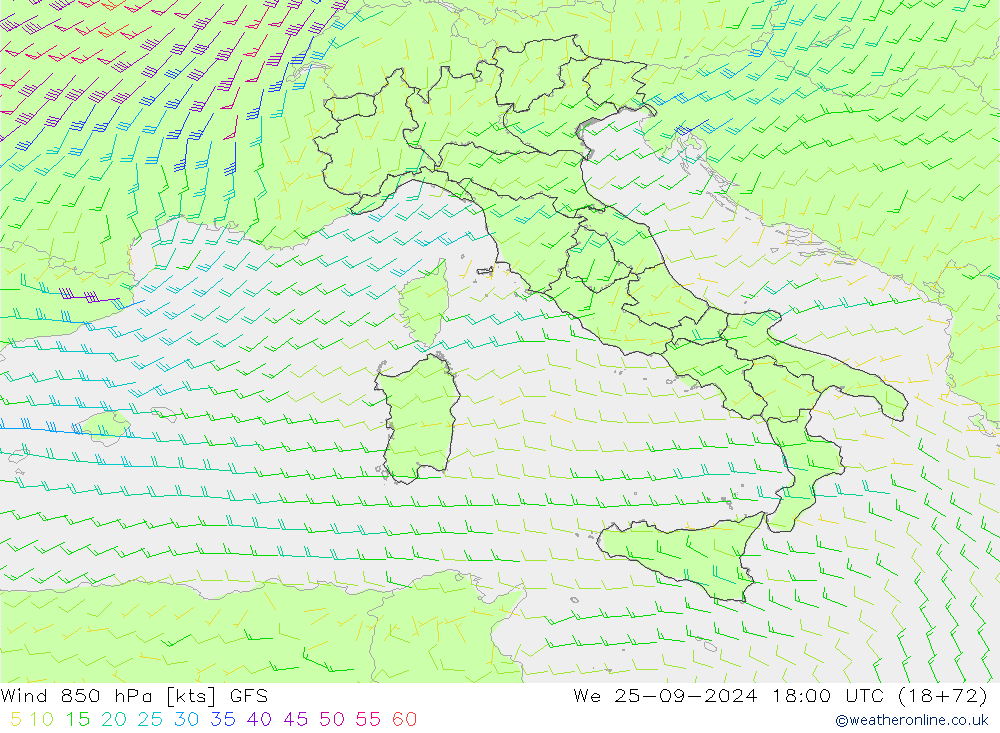 Rüzgar 850 hPa GFS Çar 25.09.2024 18 UTC