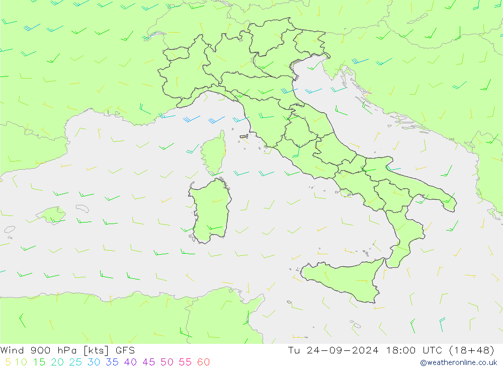 Wind 900 hPa GFS Tu 24.09.2024 18 UTC