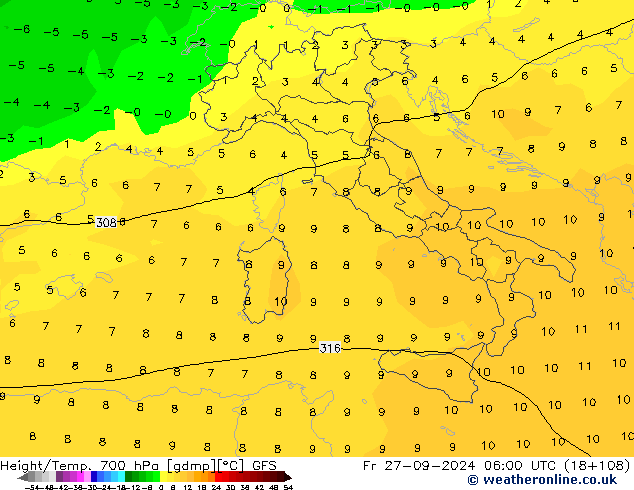 Height/Temp. 700 hPa GFS Pá 27.09.2024 06 UTC