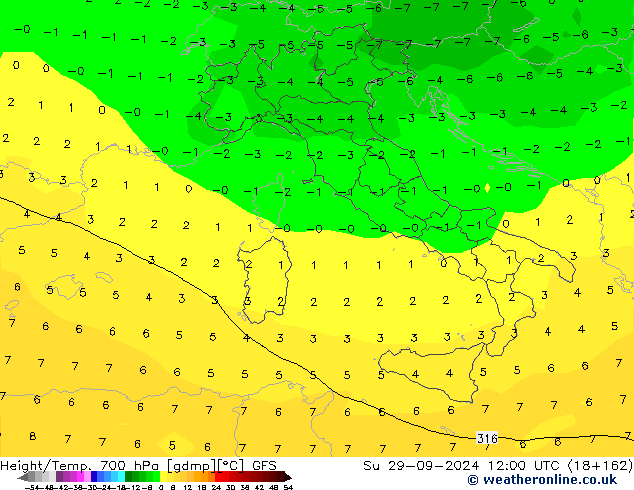 Hoogte/Temp. 700 hPa GFS zo 29.09.2024 12 UTC