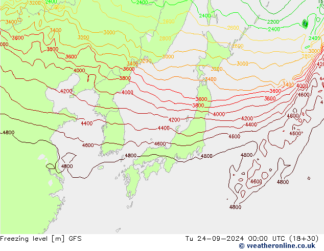 Freezing level GFS Út 24.09.2024 00 UTC