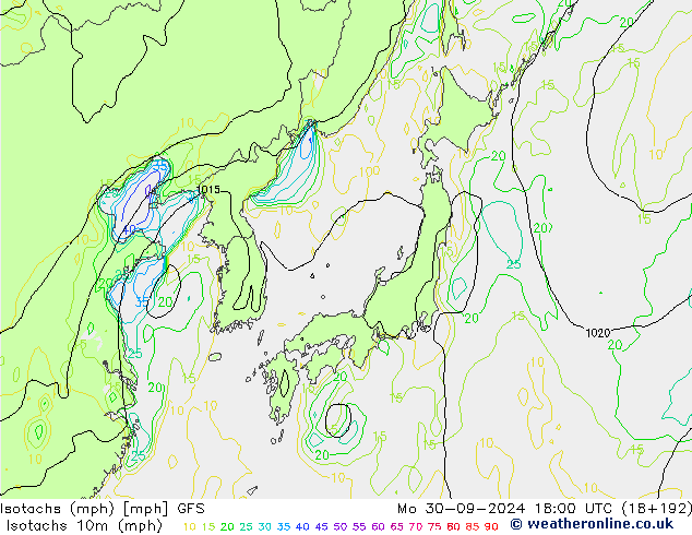 Isotachs (mph) GFS Mo 30.09.2024 18 UTC