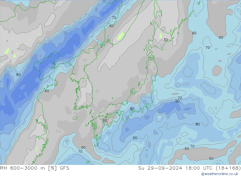 RH 600-3000 m GFS Dom 29.09.2024 18 UTC