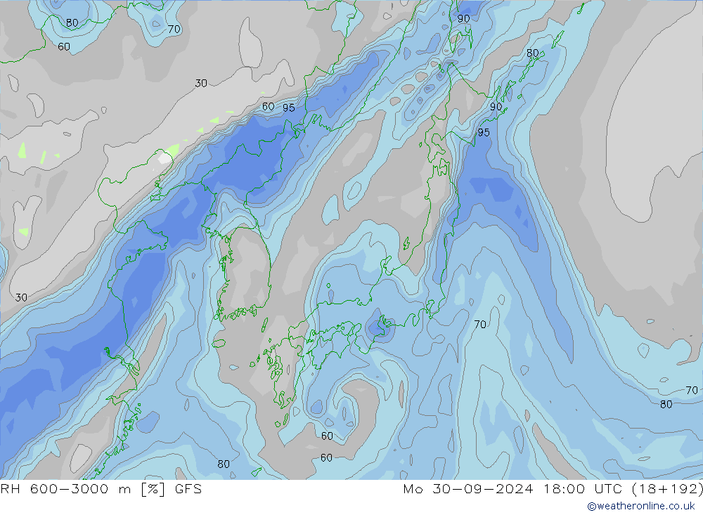 RH 600-3000 m GFS Mo 30.09.2024 18 UTC