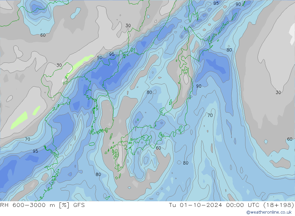 RH 600-3000 m GFS Tu 01.10.2024 00 UTC