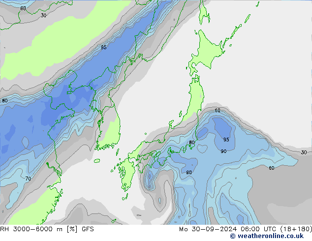 RH 3000-6000 m GFS pon. 30.09.2024 06 UTC