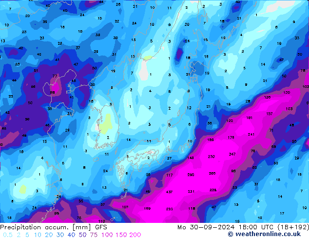 Precipitation accum. GFS Mo 30.09.2024 18 UTC