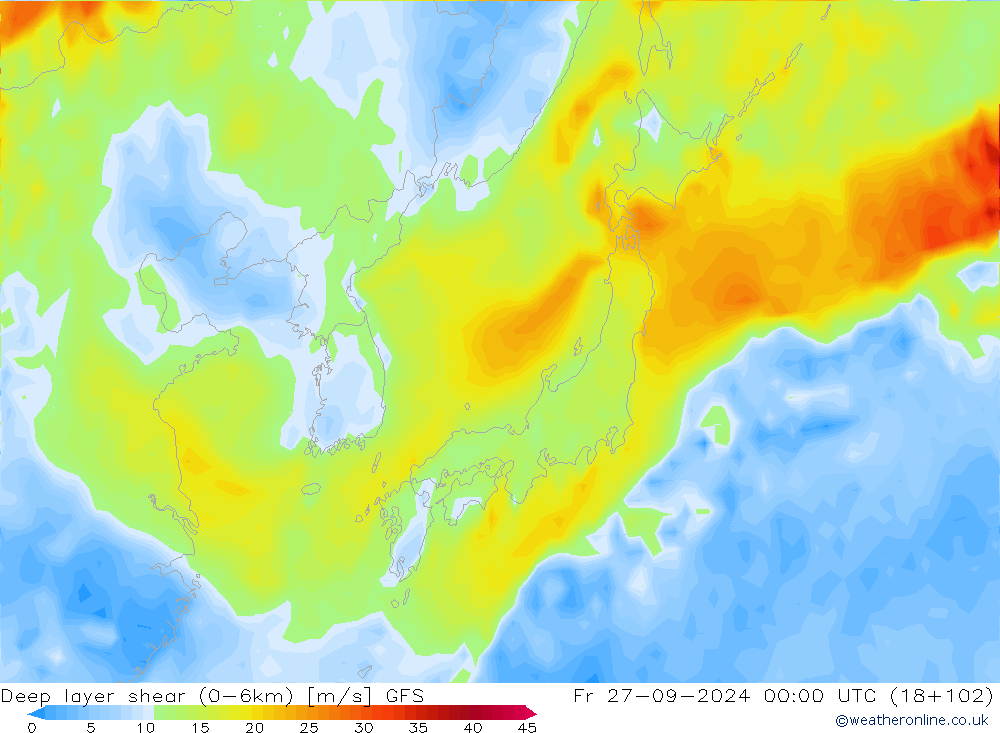 Deep layer shear (0-6km) GFS Cu 27.09.2024 00 UTC