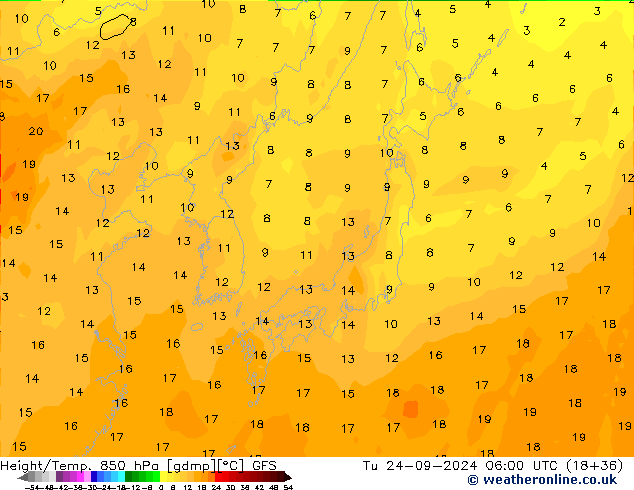 Geop./Temp. 850 hPa GFS mar 24.09.2024 06 UTC