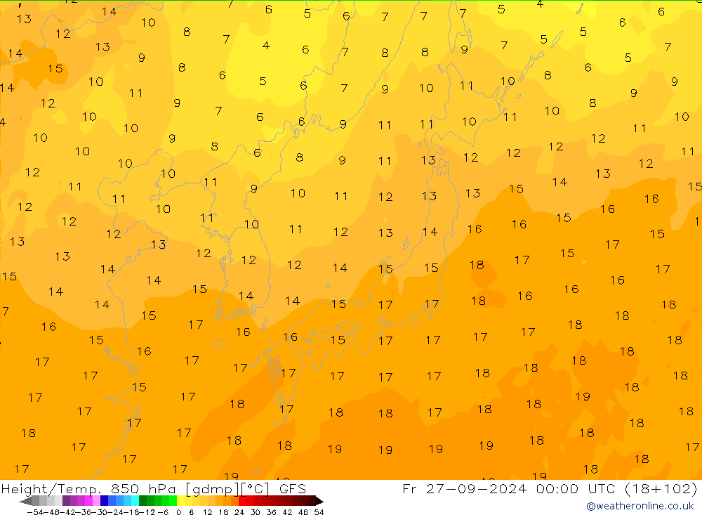 Height/Temp. 850 hPa GFS Fr 27.09.2024 00 UTC