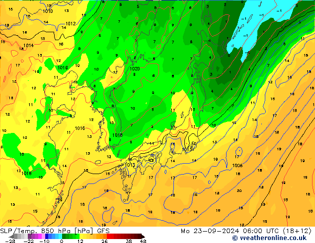 850 hPa Yer Bas./Sıc GFS Pzt 23.09.2024 06 UTC