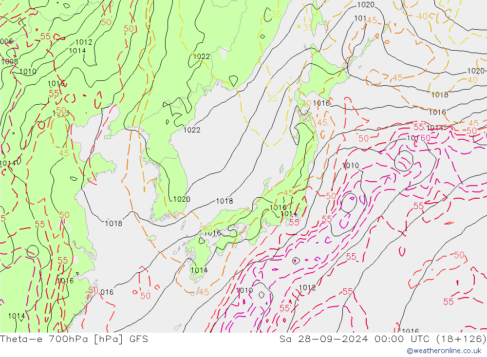 Theta-e 700hPa GFS sáb 28.09.2024 00 UTC