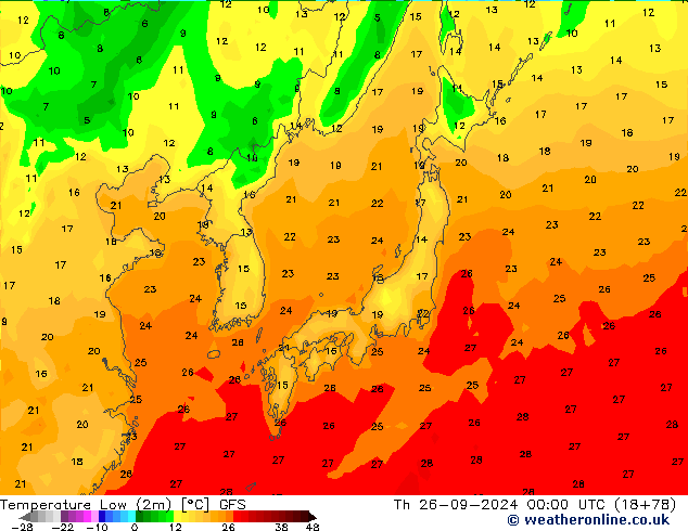 Minumum Değer (2m) GFS Per 26.09.2024 00 UTC