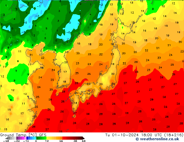 Topraküstü en düşük Sıc. GFS Sa 01.10.2024 18 UTC