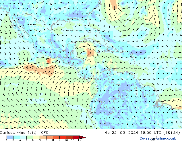 Bodenwind (bft) GFS Mo 23.09.2024 18 UTC