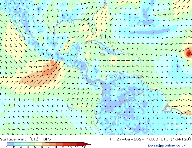 Bodenwind (bft) GFS Fr 27.09.2024 18 UTC