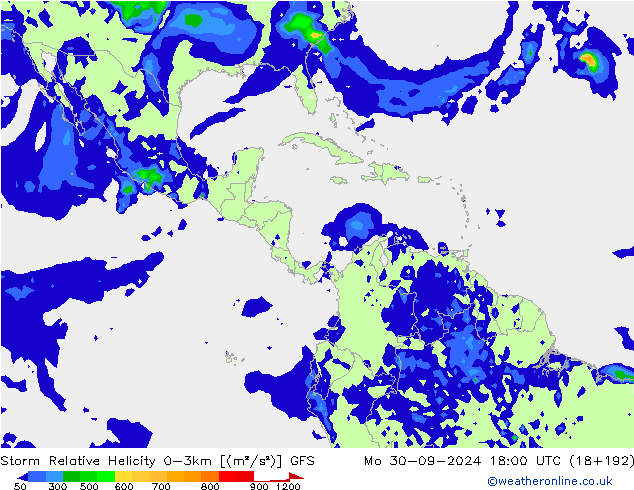 Storm Relative Helicity GFS pon. 30.09.2024 18 UTC