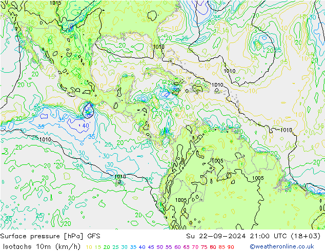 Isotachs (kph) GFS Su 22.09.2024 21 UTC