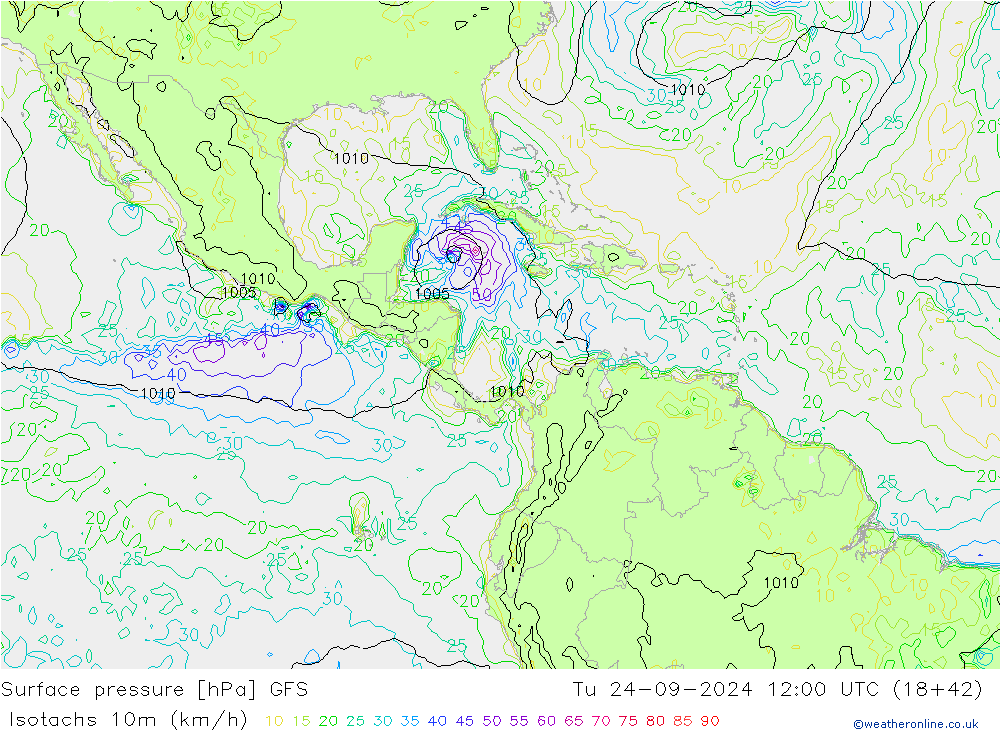 Eşrüzgar Hızları (km/sa) GFS Sa 24.09.2024 12 UTC