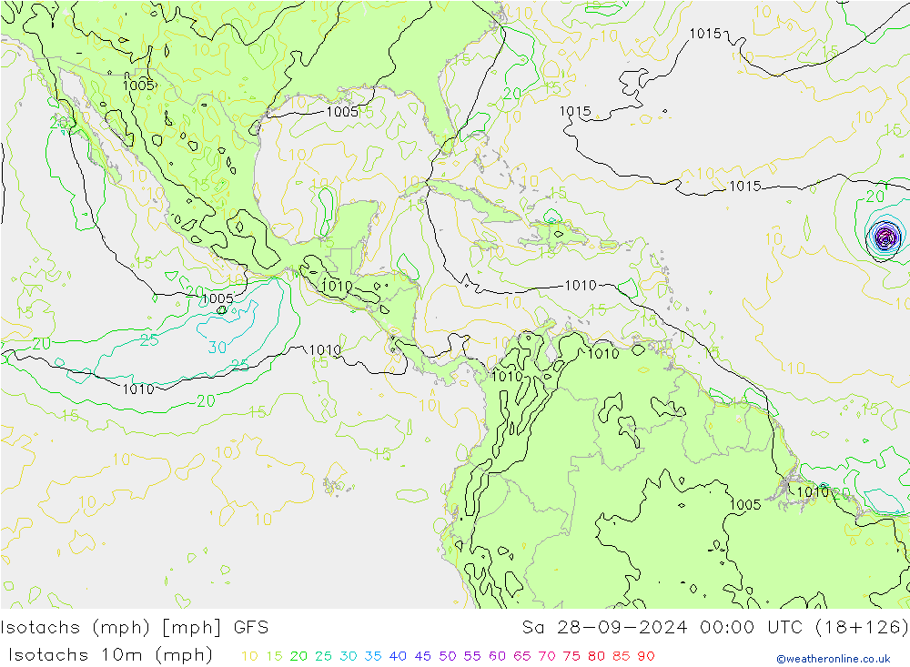 Isotachs (mph) GFS сб 28.09.2024 00 UTC