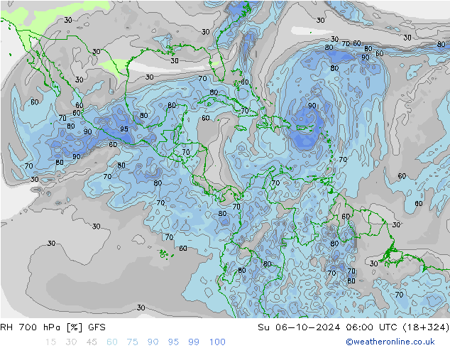 RH 700 hPa GFS dom 06.10.2024 06 UTC