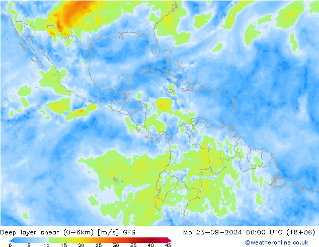 Deep layer shear (0-6km) GFS Mo 23.09.2024 00 UTC