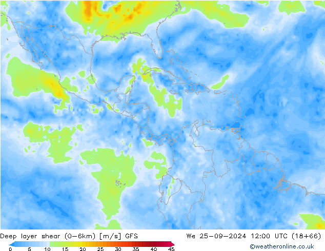 Deep layer shear (0-6km) GFS mer 25.09.2024 12 UTC