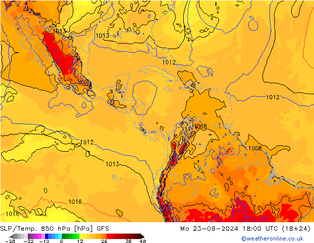 SLP/Temp. 850 гПа GFS пн 23.09.2024 18 UTC