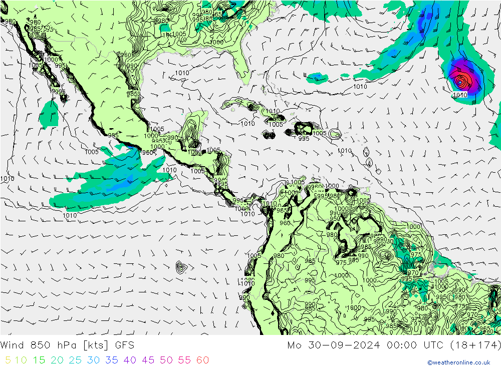 wiatr 850 hPa GFS pon. 30.09.2024 00 UTC