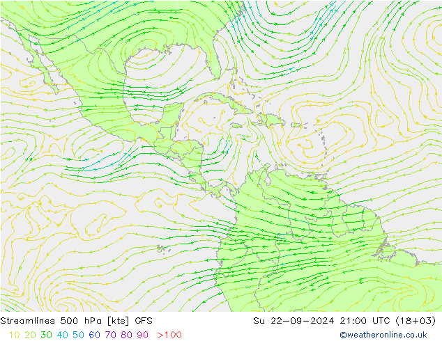 Streamlines 500 hPa GFS Su 22.09.2024 21 UTC