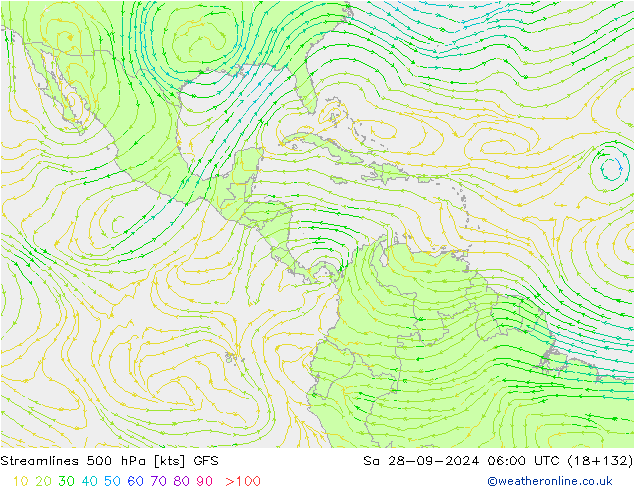 Linea di flusso 500 hPa GFS sab 28.09.2024 06 UTC