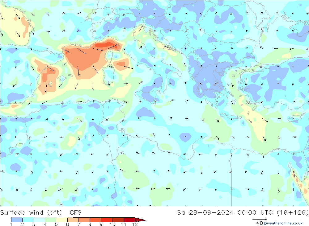 Wind 10 m (bft) GFS za 28.09.2024 00 UTC