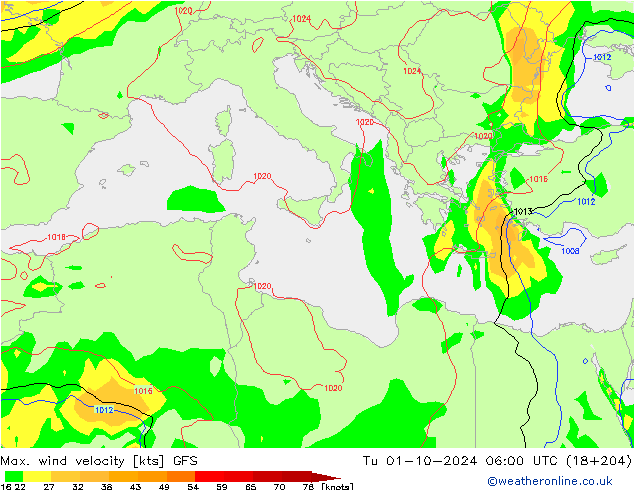 Max. wind velocity GFS Út 01.10.2024 06 UTC