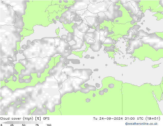 Cloud cover (high) GFS Tu 24.09.2024 21 UTC