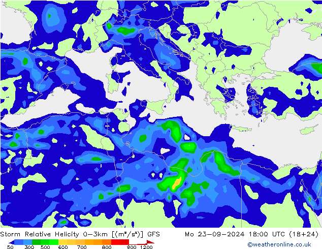 Storm Relative Helicity GFS Pzt 23.09.2024 18 UTC