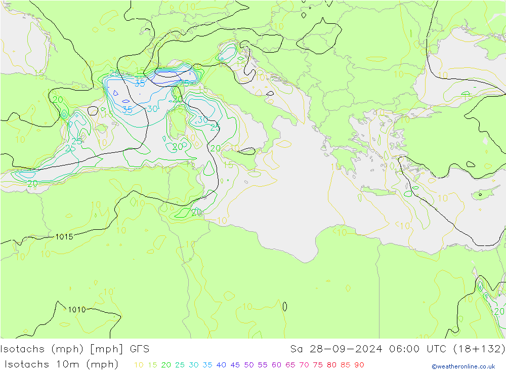 Isotachen (mph) GFS za 28.09.2024 06 UTC