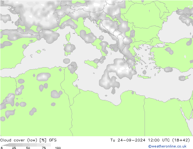 Cloud cover (low) GFS Tu 24.09.2024 12 UTC