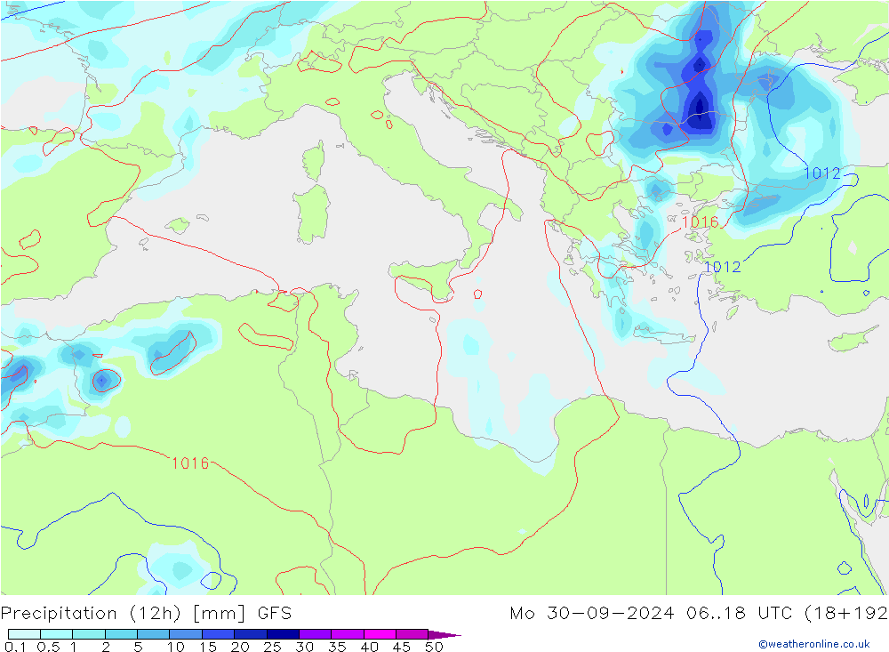 Totale neerslag (12h) GFS ma 30.09.2024 18 UTC