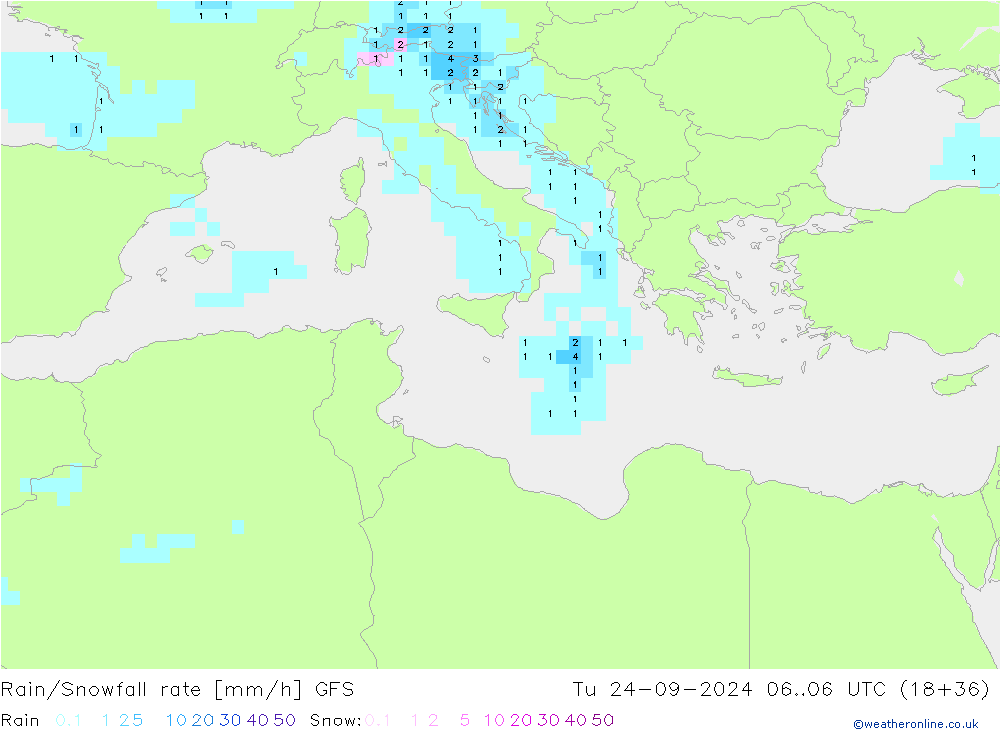 Rain/Snowfall rate GFS Tu 24.09.2024 06 UTC