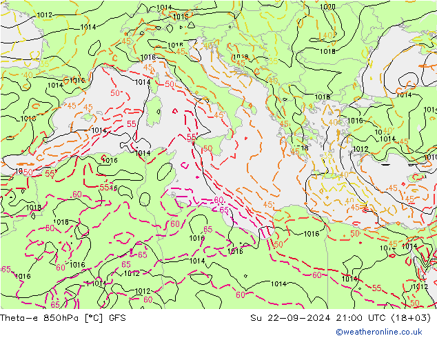 Theta-e 850hPa GFS Paz 22.09.2024 21 UTC