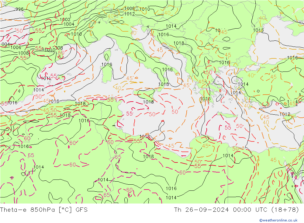 Theta-e 850hPa GFS Čt 26.09.2024 00 UTC